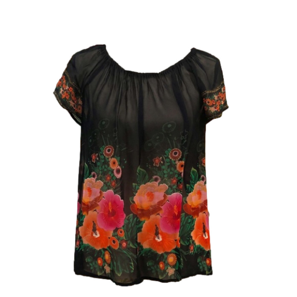 Anthropologie FEI Hibiscus Floral Pattern Sheer Silk Black Peasant Blouse M
